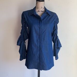 C/MEO Collective Button Down Ruched Sleeve Navy Blue Top Size Small NWOT